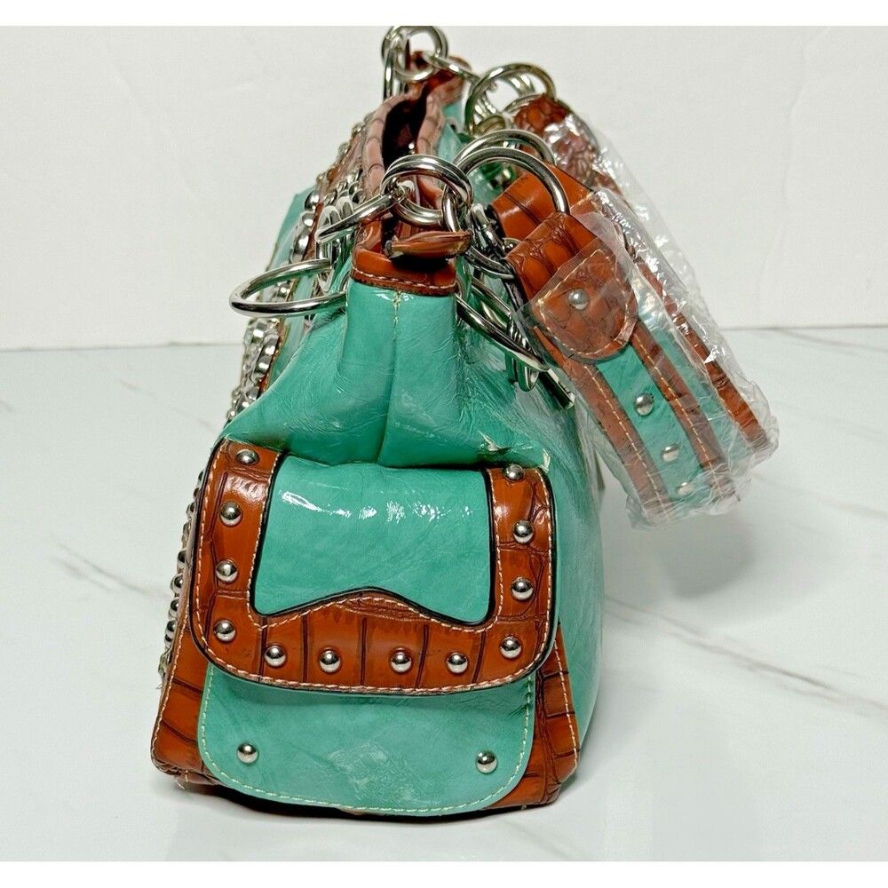 Western Turquoise Rhinestone Cross Handbag Tooled Brown Faux Leather Chain Strap - Picture 7 of 14